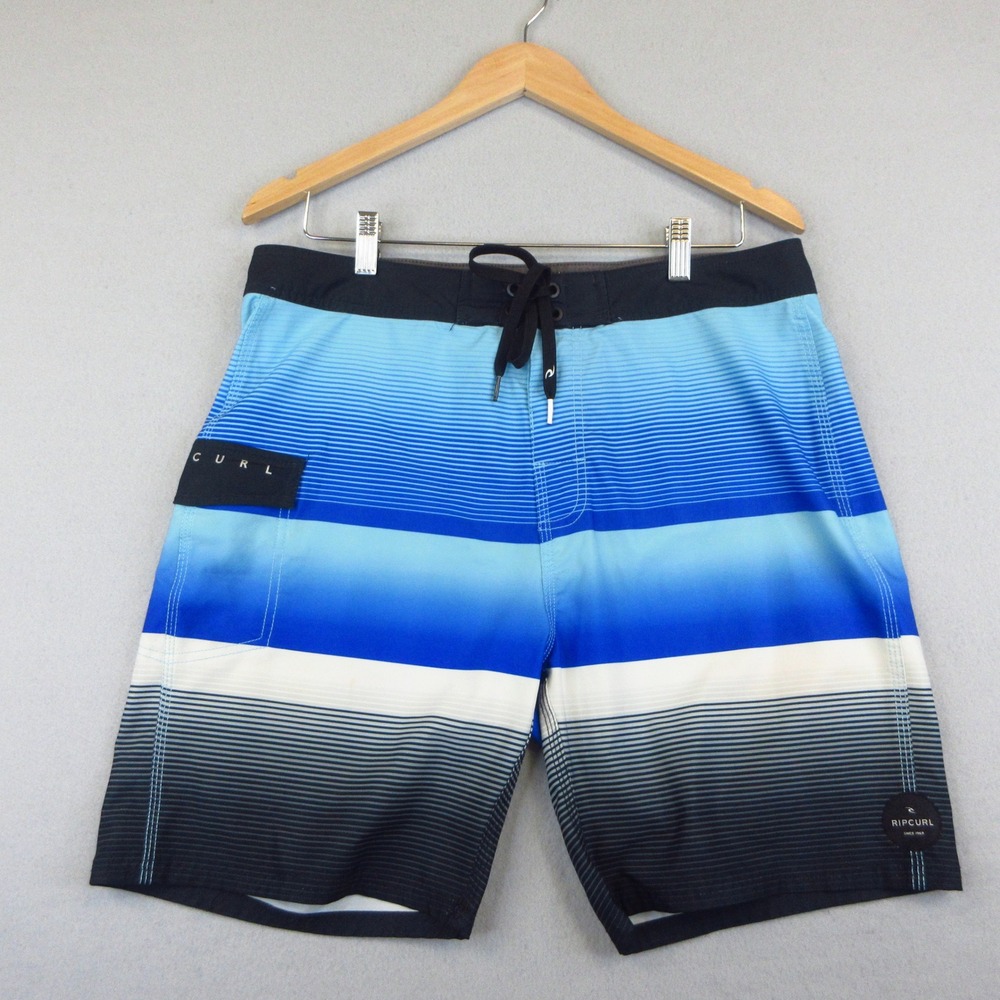Rip Curl Board Shorts Mens 34 Blue Striped Gradient Surf Swim 4 Way Stretch